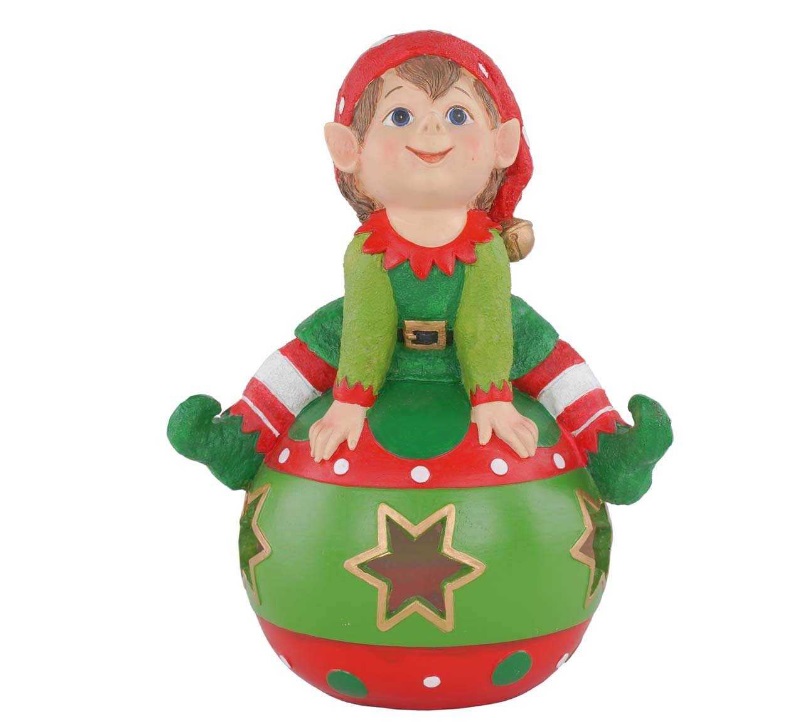 Elfo in resina su sfera verde con luci led - H.25 cm