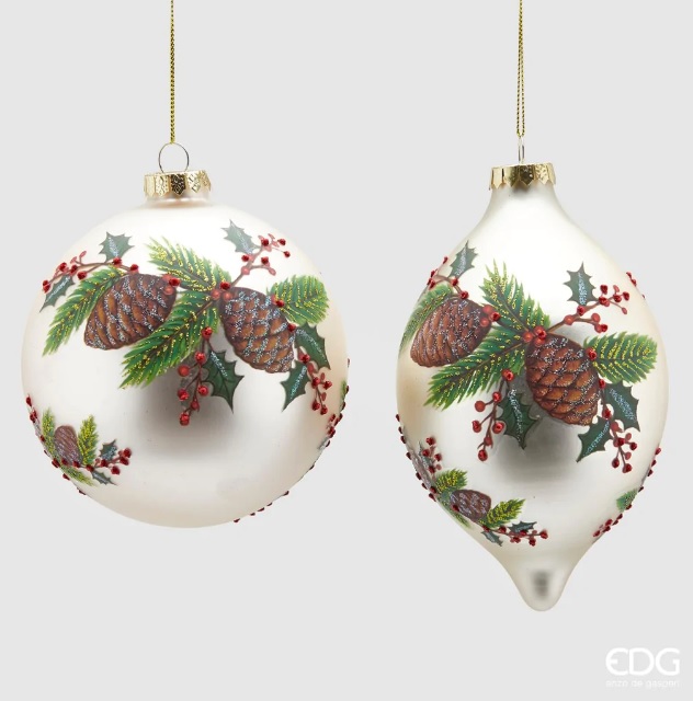 Decorazione natalizia palla/ trottola in vetro con pigne - diam. 10 cm - EDG