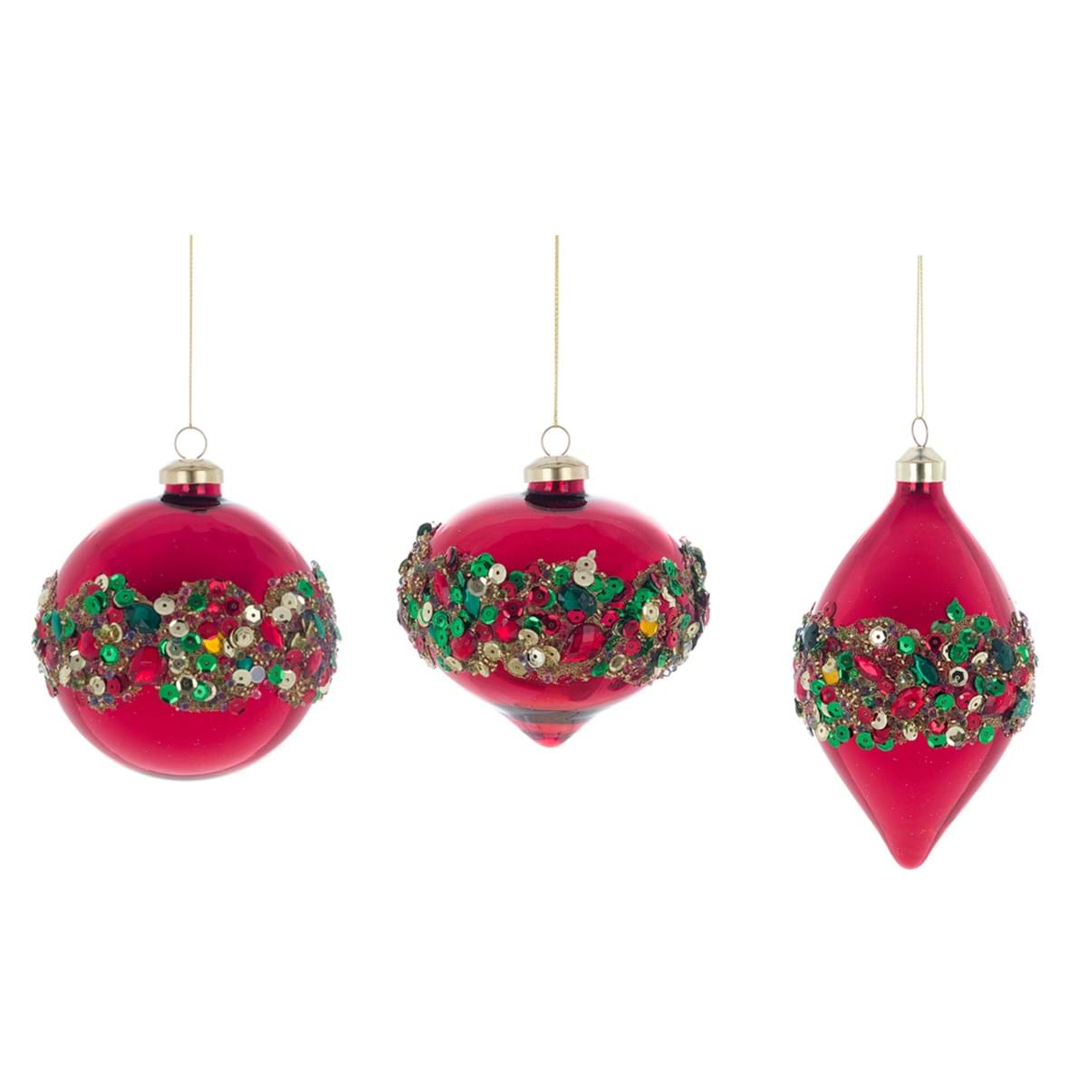 Decorazione natalizia in vetro rosso con glitter - 3 varianti - diam.10 cm