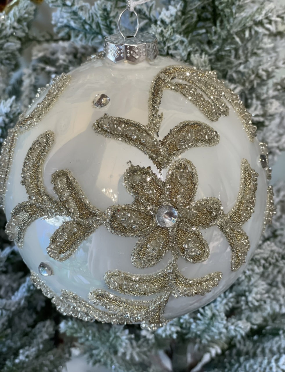 Appendino sfera con decori  brillantini e perline  in rilievo - decoro natalizio - Vetur