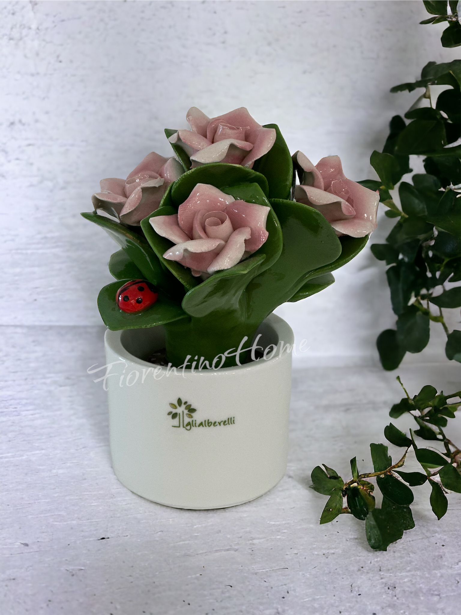 Piantina rose rosa in ceramica di capodimonte - H.13 cm - Gli Alberelli