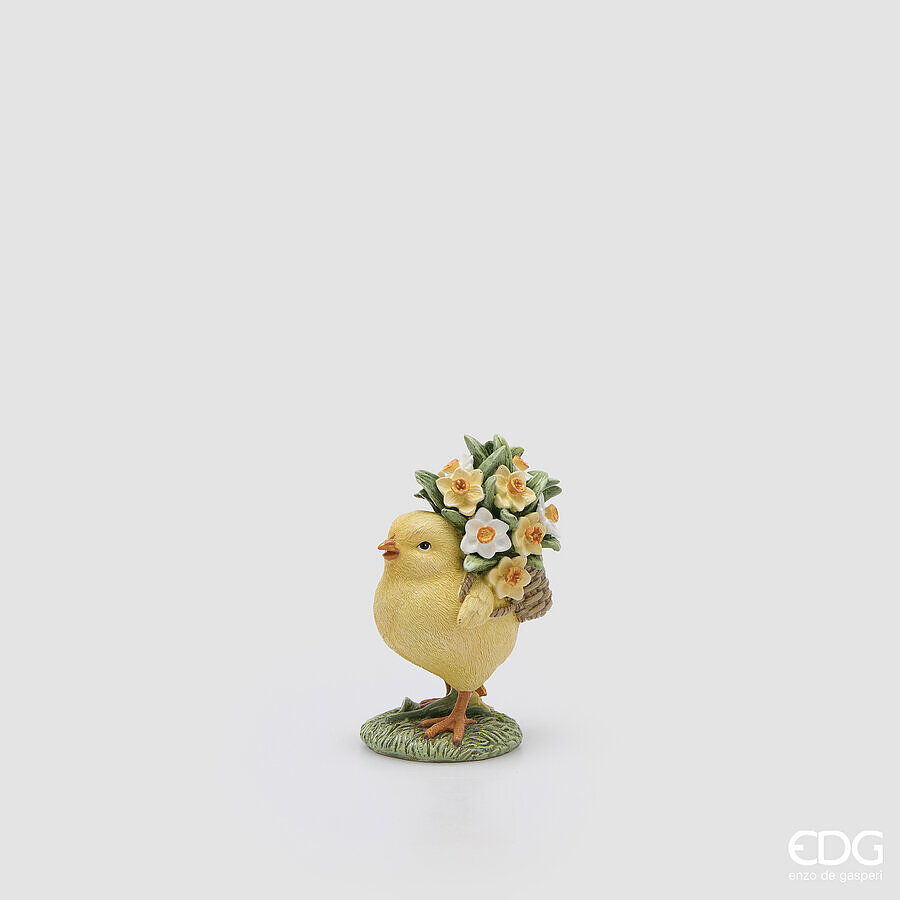 Pulcino in resina con mazzo di narciso - H.13x7x9 cm - EDG