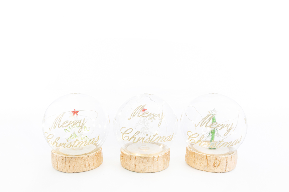 Sfera vetro natalizia base oro con led - 3 assortiti - diam.10 cm