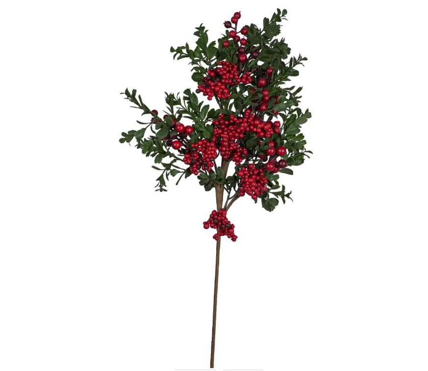 Ramo natalizio con bacche rosse e foglie verdi in Pe - H.66 cm - Stile