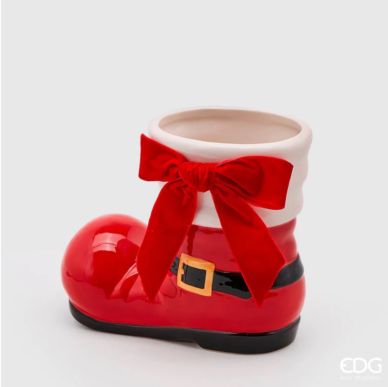 Vaso in ceramica scarpone babbo natale con fiocco in stoffa - 19x23x10 cm - EDG