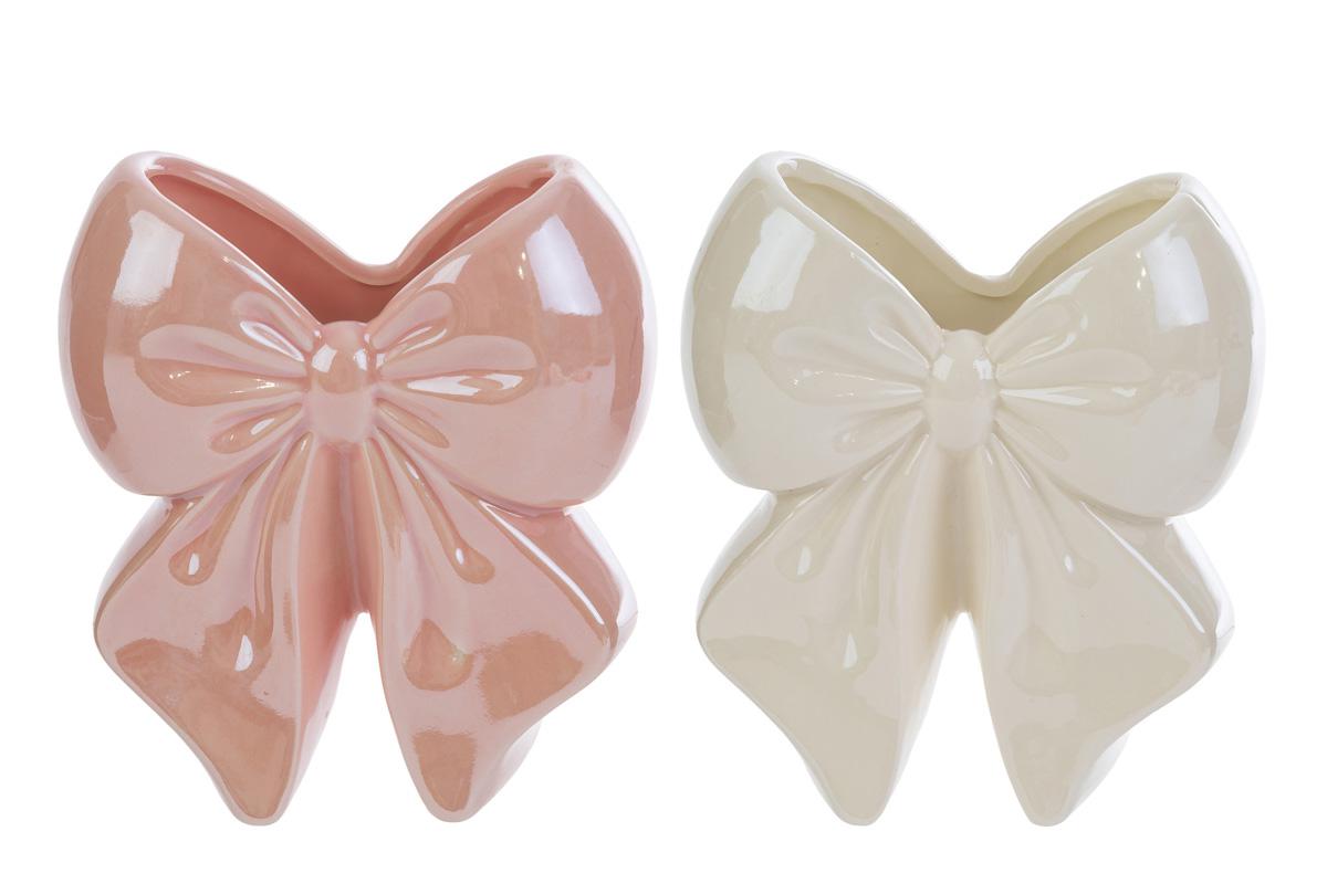 Vaso fiocco in porcellana lucida - rosa/bianco - H.14x6x12 cm - Le Stelle