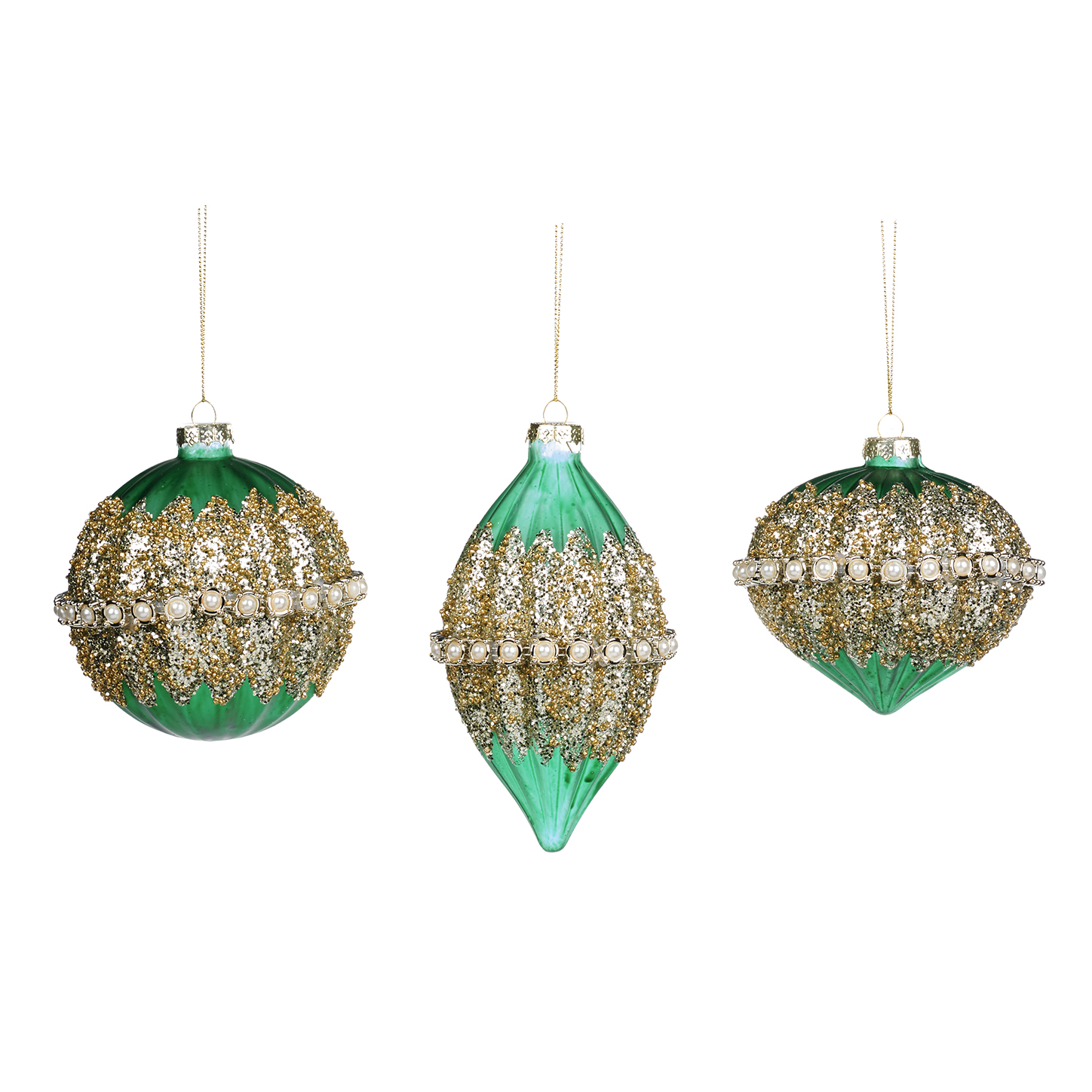 Pallina natalizia in vetro verde con decoro a rilievo oro e perle - 3 modelli ass - H.10 cm - Collezione 2022 - Goodwill