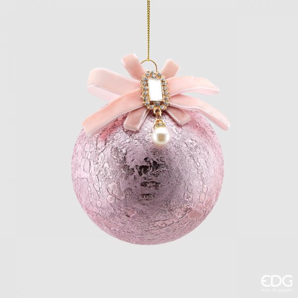 Decorazione palla in vetro rosa con fiocco + perla - diam. 10 cm - EDG