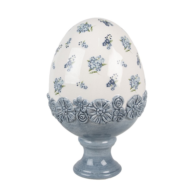 Uovo decorativo in ceramica bianco e azzurro c/fiorellini - H.19x12 cm - Clayre e Eef