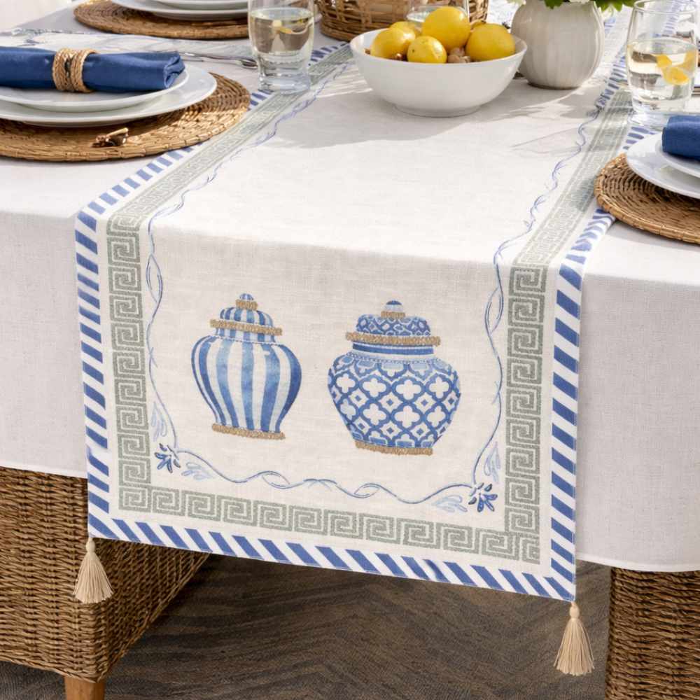 Runner in cotone c/vasi blu - Linea Santorini - 160x45 cm - Clodette