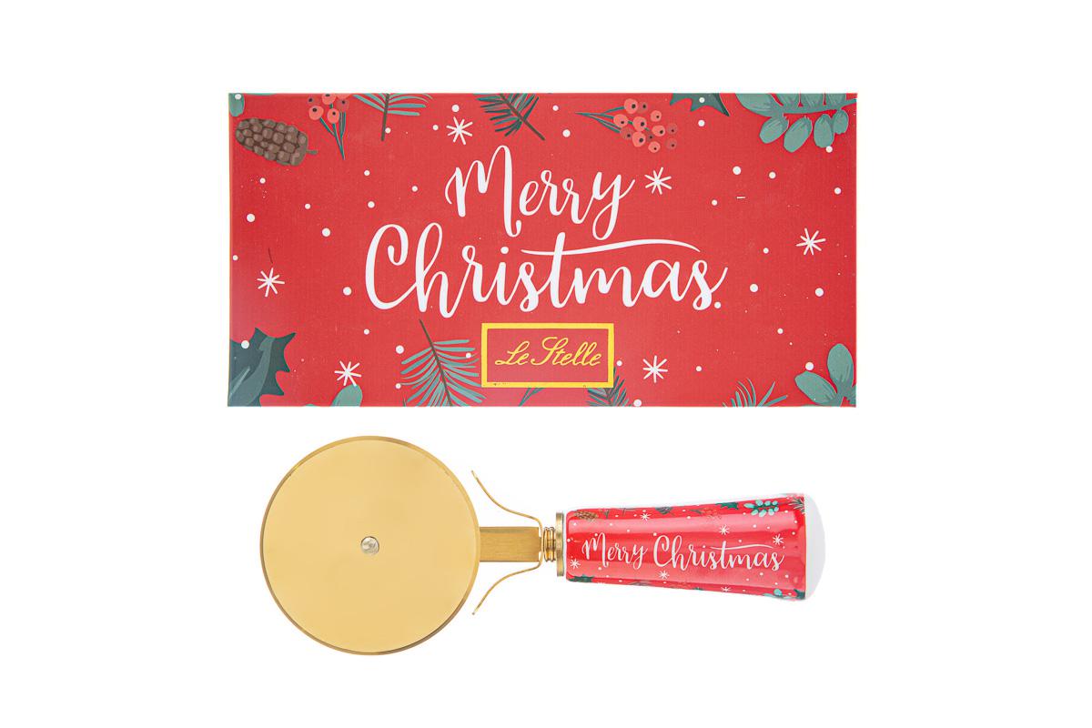 Taglia pizza Merry Christmas rosso con astuccio regalo - 15 cm