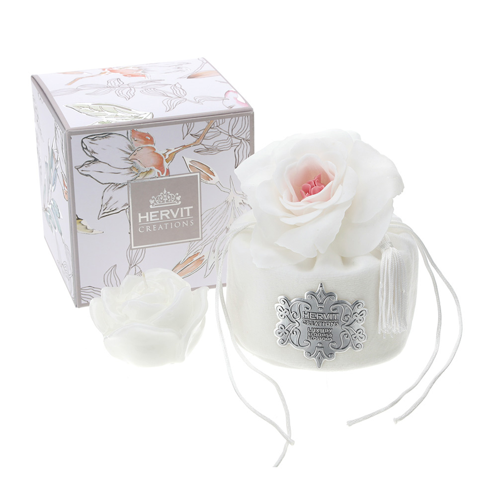 Secchiello in velluto con fiore a petali di sapone e candela bianco - 10x10.5 cm - Hervit