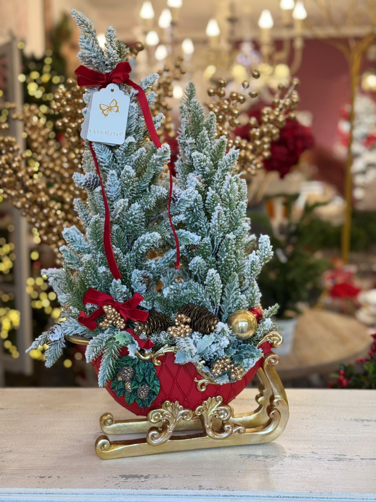 NATALE 2025 - Slitta in resina con alberelli artificiali - H. 55x10x25 cm - Fiori di Lena