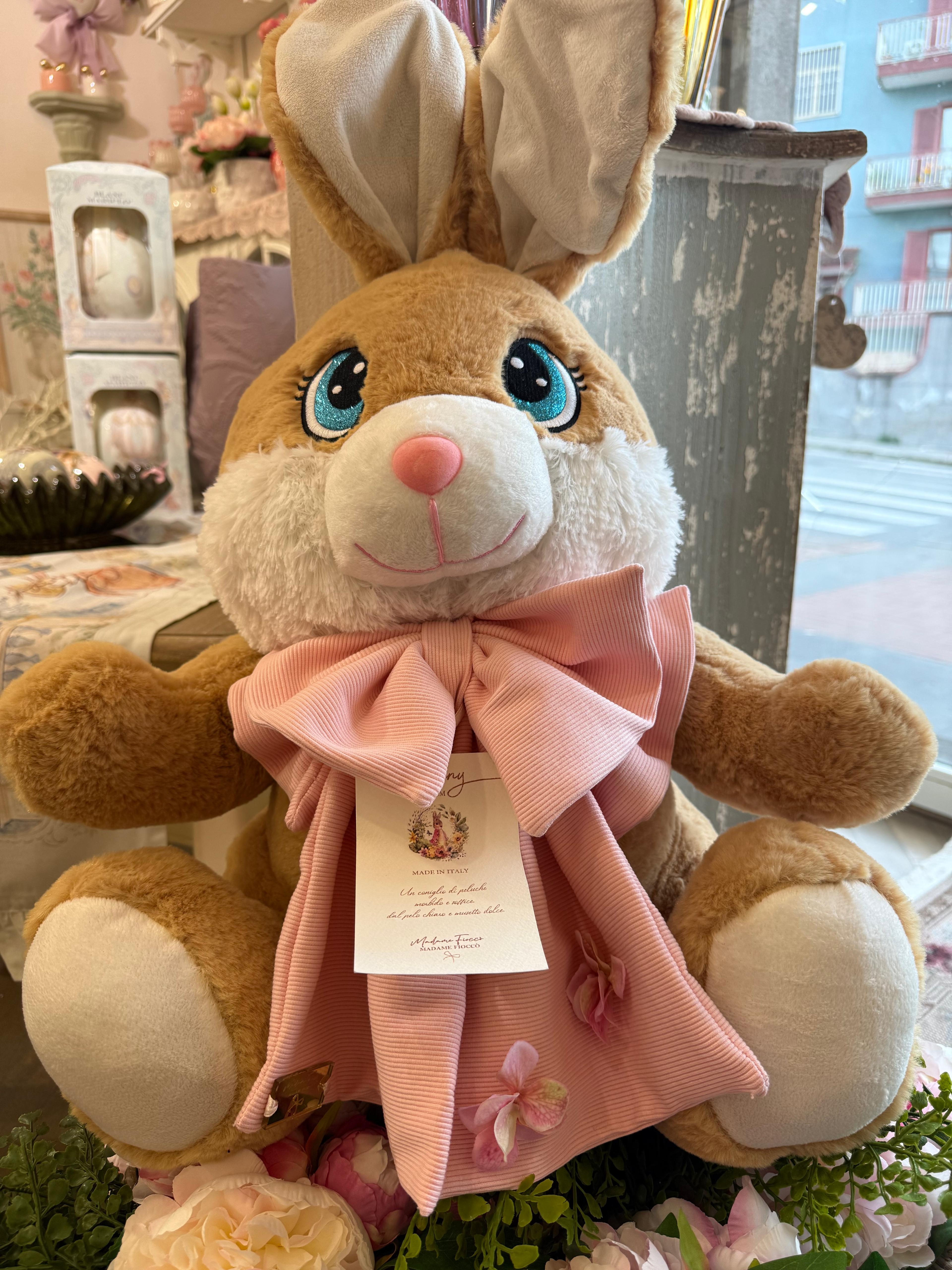 Coniglio peluche BUNNY con fiocco rosa - H.60 cm - Madame Fiocco