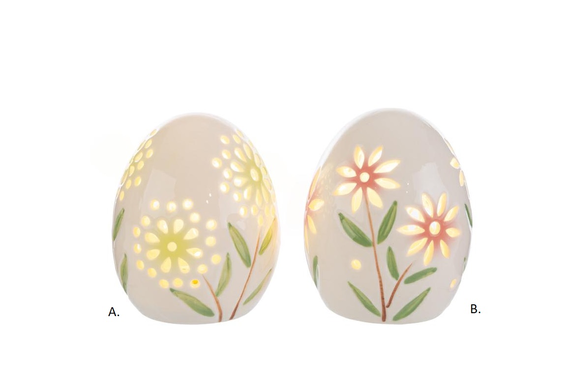 Uova in porcellana traforata c/luce led - 2 ass - H.8.5x7  cm - Le Stelle