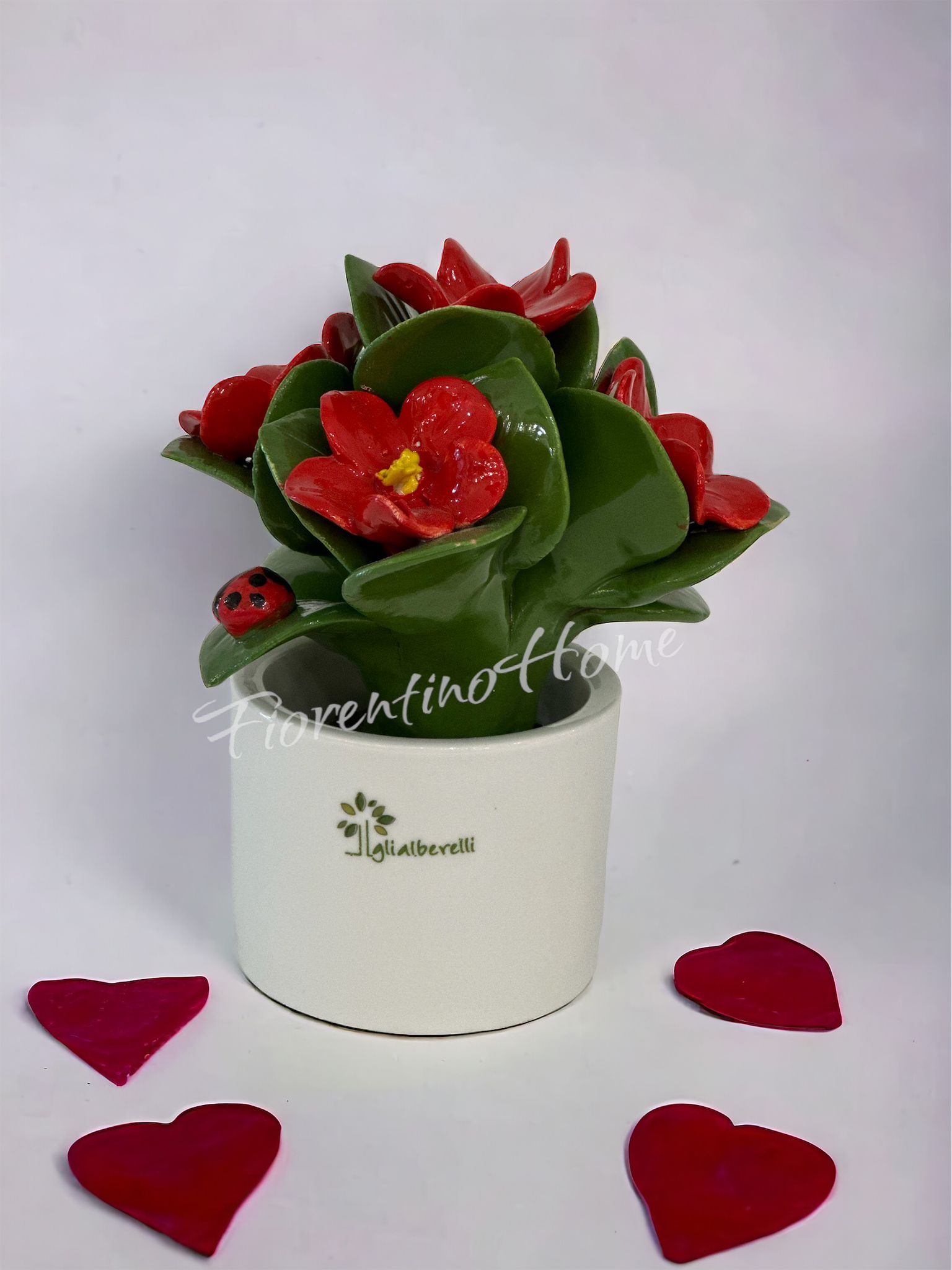 Piantina fiori rossi in ceramica di capodimonte - H. 13 cm - Gli Alberelli
