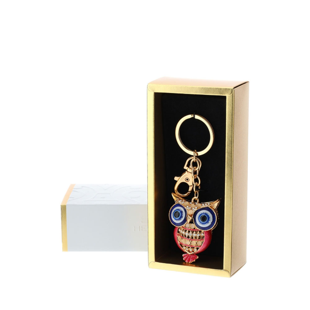 Portachiavi civetta colorata oro rossa e blu con brillantini c/astuccio - 4x12 cm - Hervit