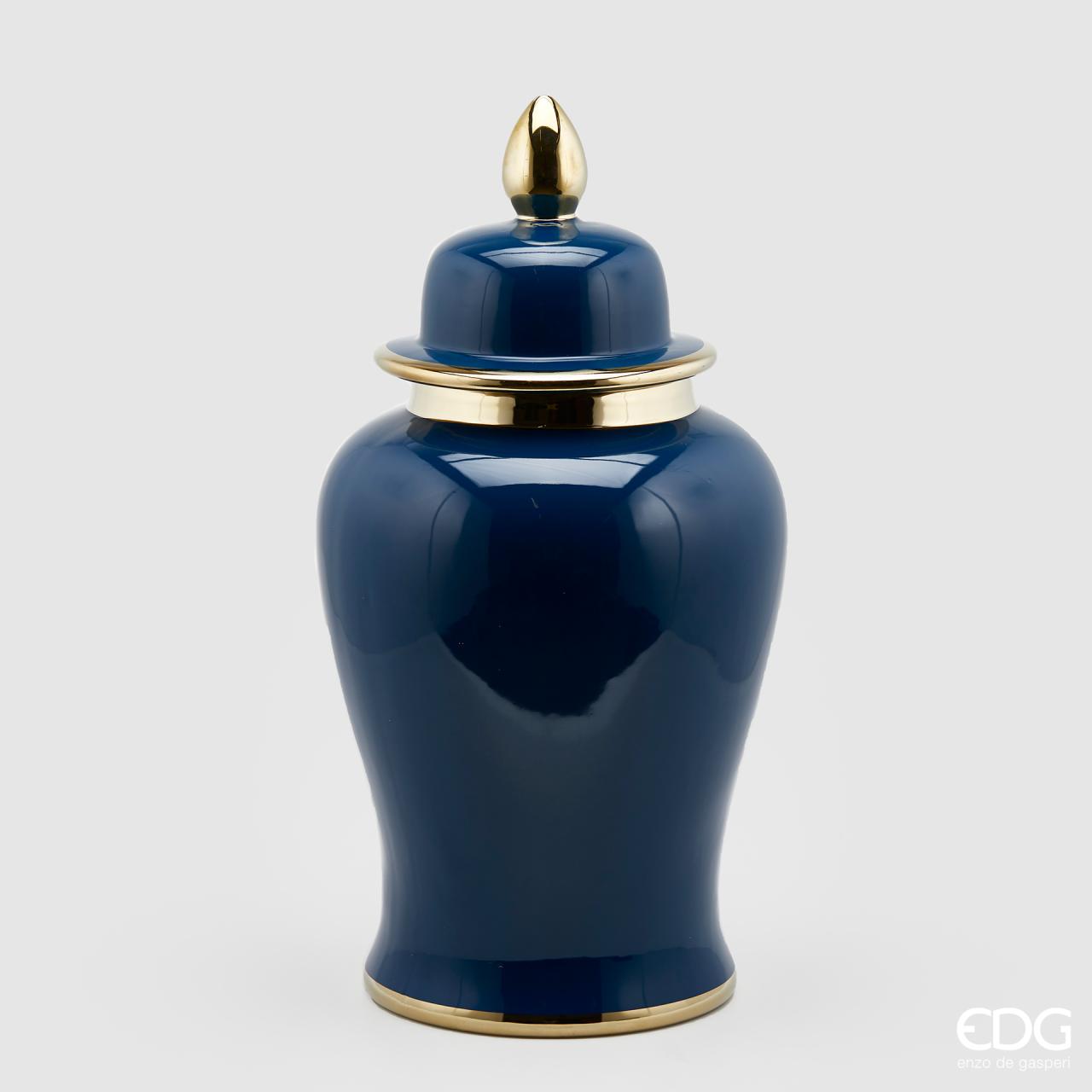 Vaso Ching con coperchio in ceramica blu con rifiniture oro - H.61x31 cm  - EDG