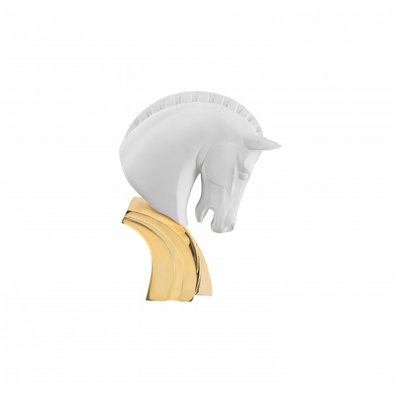 Statua decorativa testa di cavallo bianca su base oro - H. 16 cm - Bongelli Preziosi