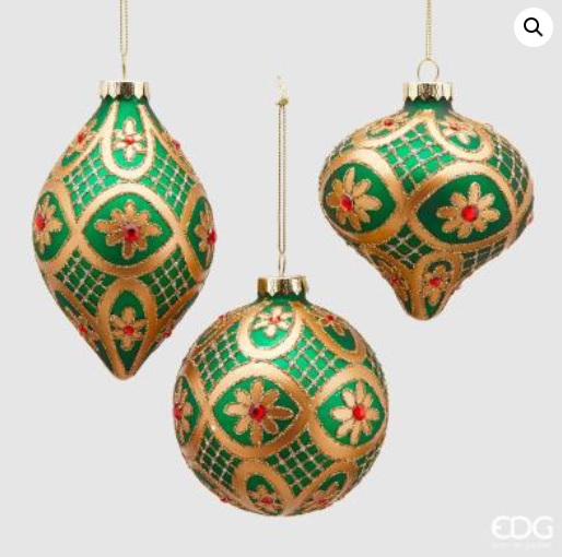 Decoro natalizio sfera in vetro decorato verde e oro - 3 modelli ass - EDG