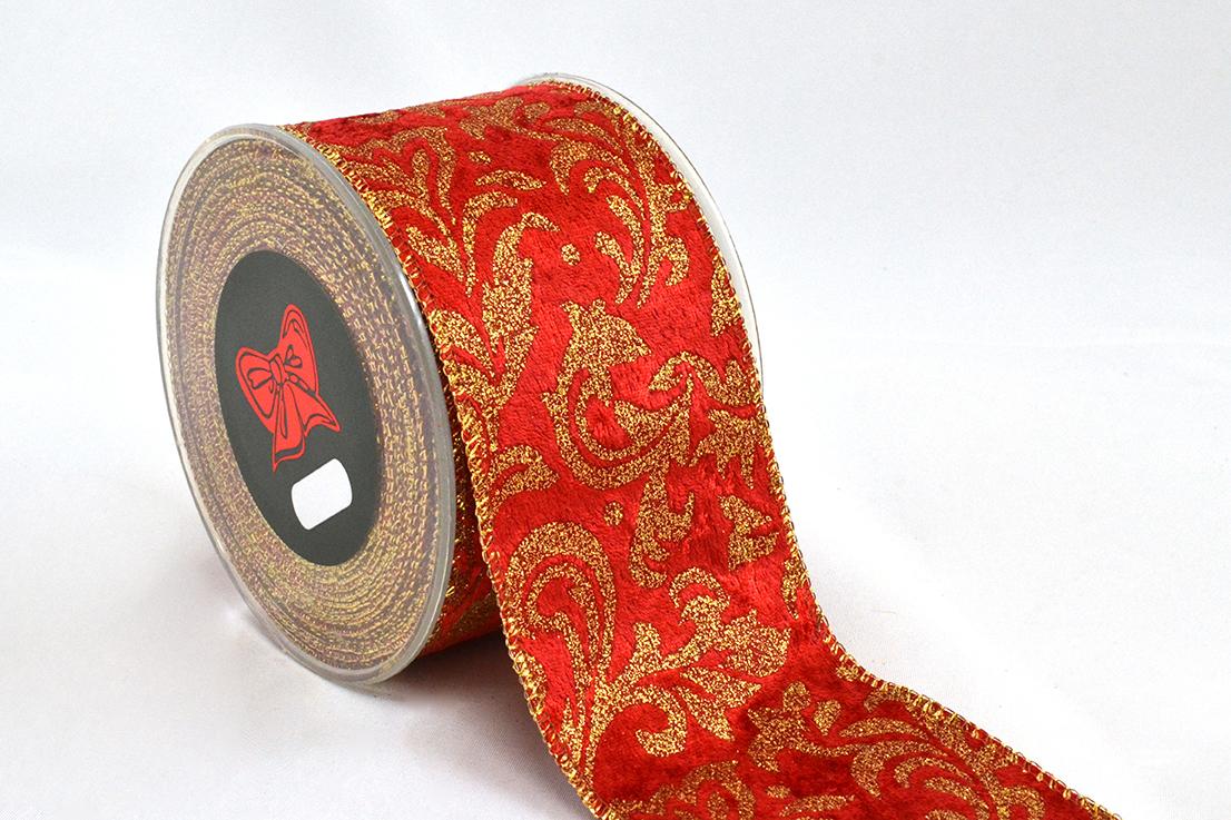 Rotolo di nastro in velluto rosso damascato oro - 6,7 cm x 9 mt - Kappa Decor