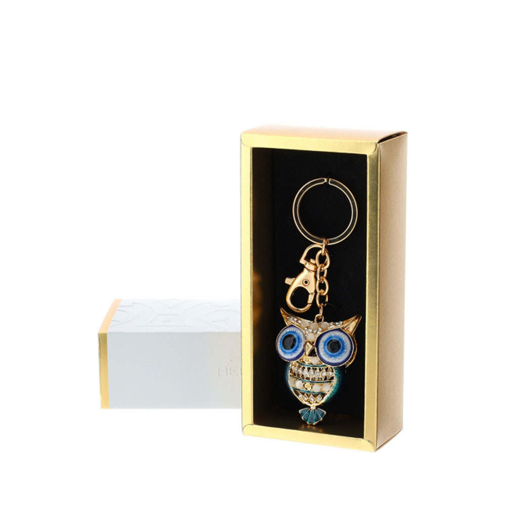 Portachiavi civetta colorata oro e blu con brillantini c/astuccio - 4x12 cm - Hervit