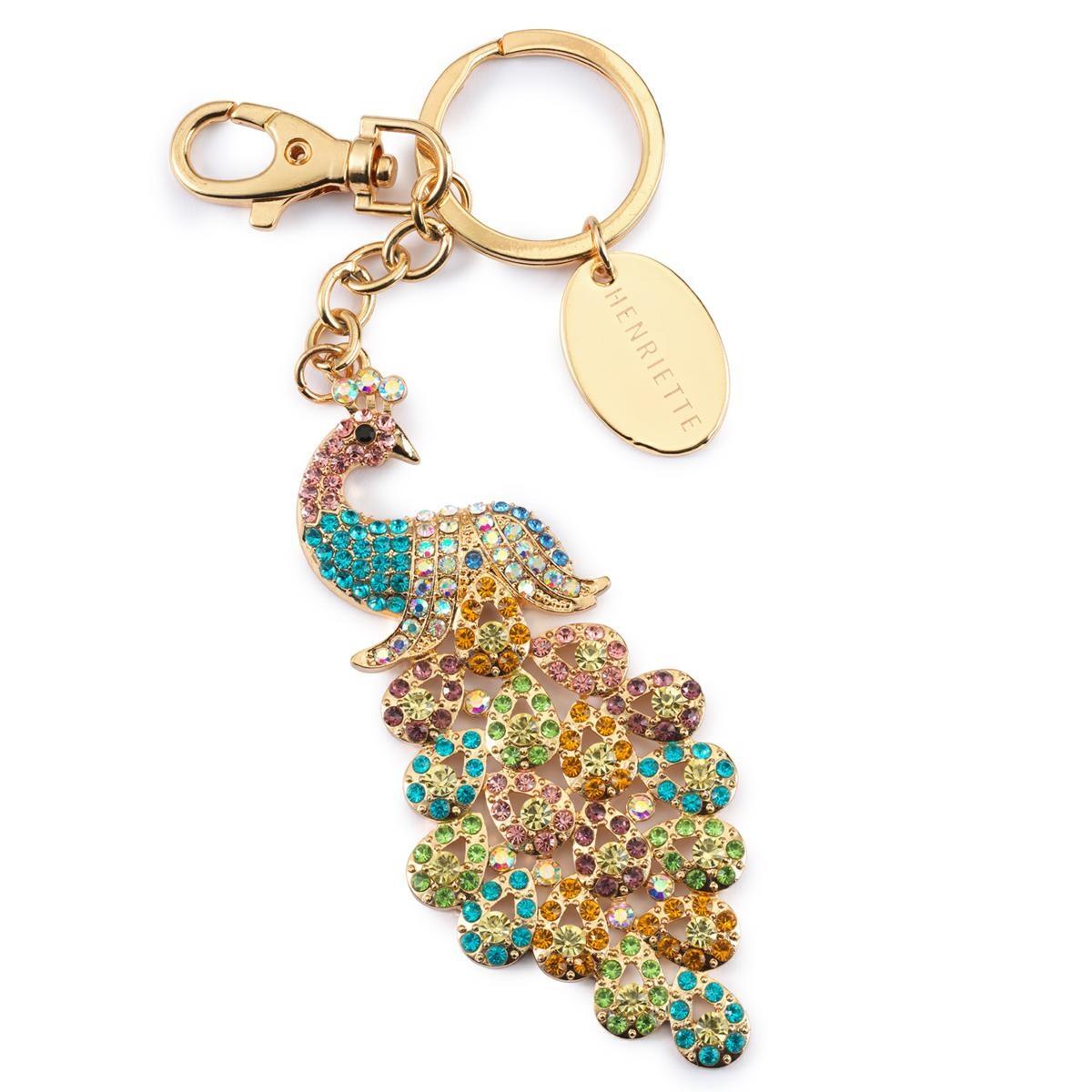 Portachiavi pavone in metallo c/strass e scatola regalo - 4x10 cm - Henriette