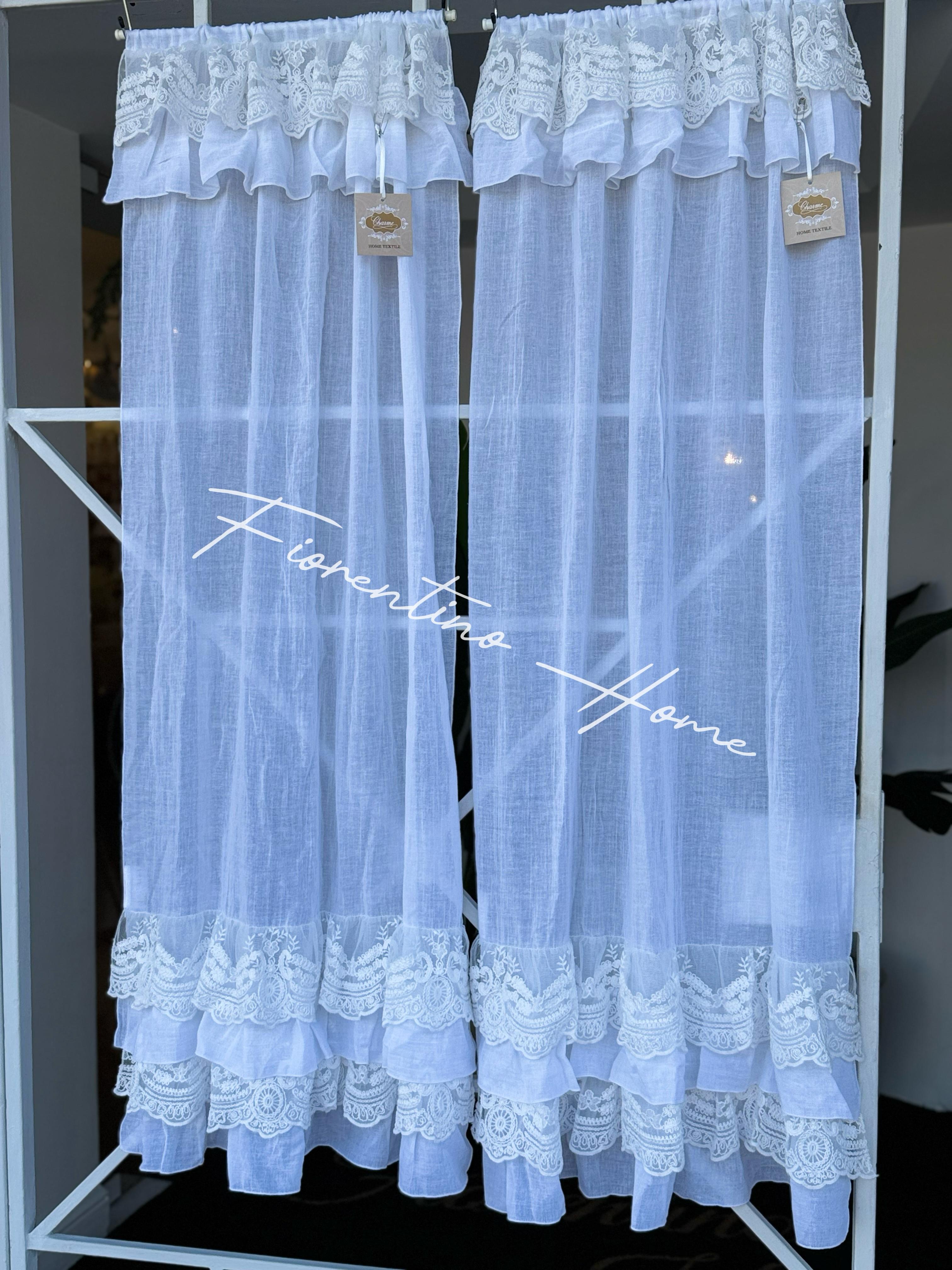 Vetrage in garza di cotone e pizzo Roccoco con balze bianco - 65x128 cm - Charme Home Textile