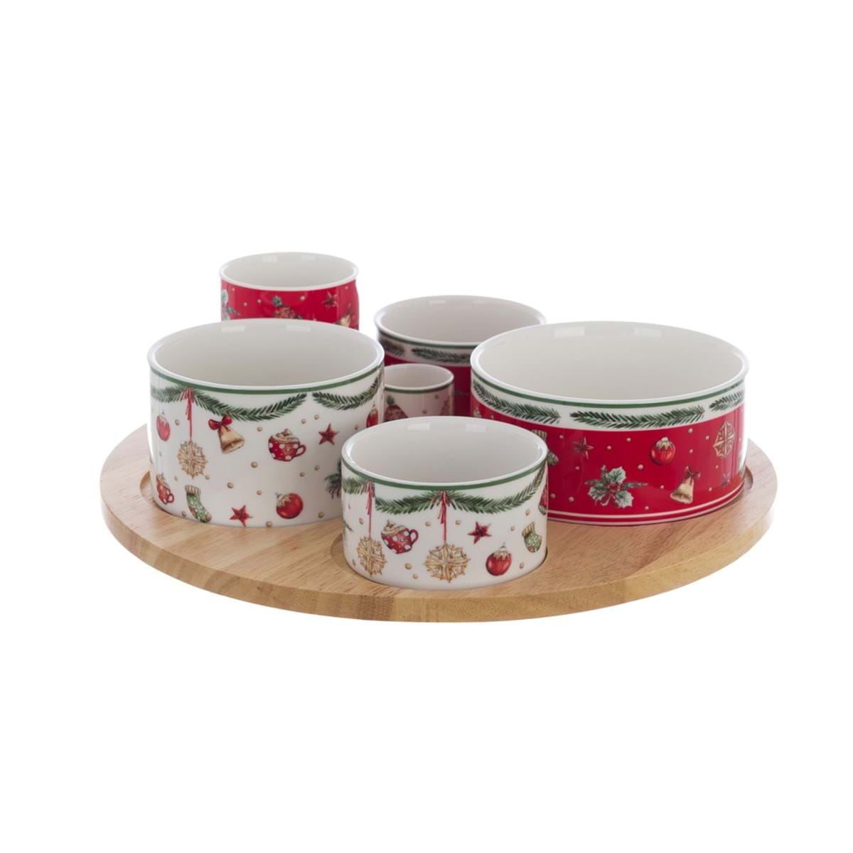 Set vassoio girevole in bamboo con 6 ciotole ass. in porcellana natalizie - Collezione Amamelide - 31x31x10 cm - Blanc Mariclo