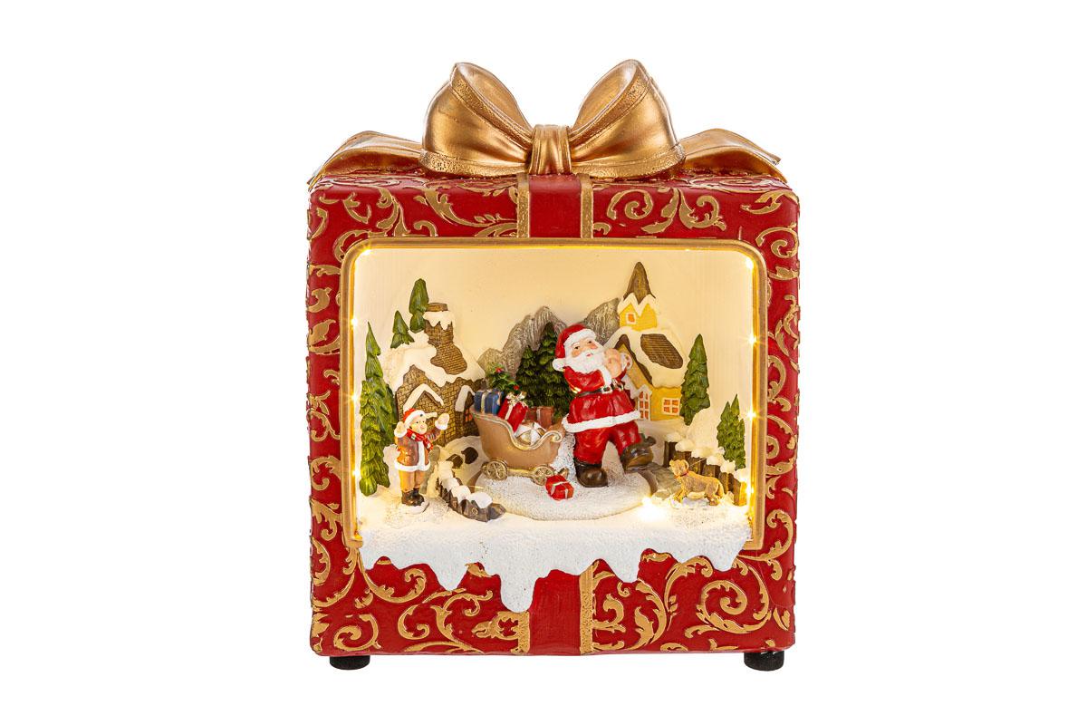Paesaggio natalizio pacco regalo in resina con luci, musica e movimento - H.24 cm