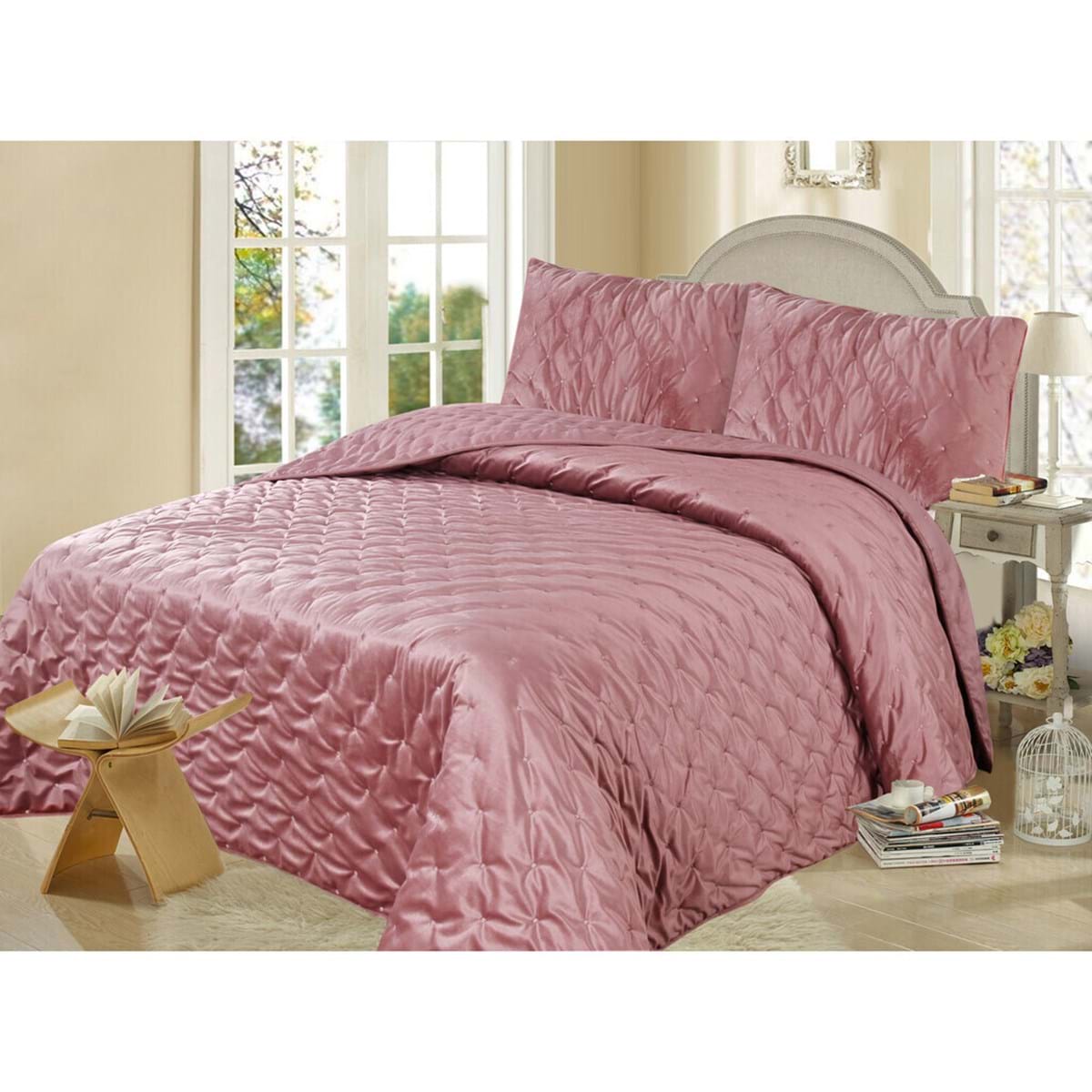 Trapunta in velluto rosa con 2 copriguanciali - Collezione Before the storm - 260x260 cm- Blanc Mariclo