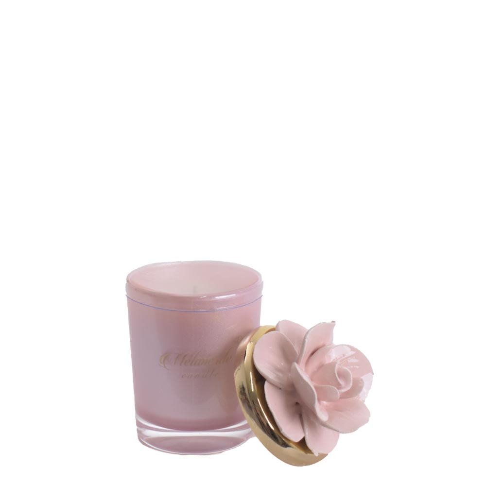 Candela profumata in vasetto di vetro con rosa in ceramica col.Rosa - H. 10 cm - Melaverde