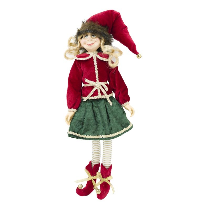 Elfo natalizio femmina con giacca bordeaux e gonna verde - H.45 cm
