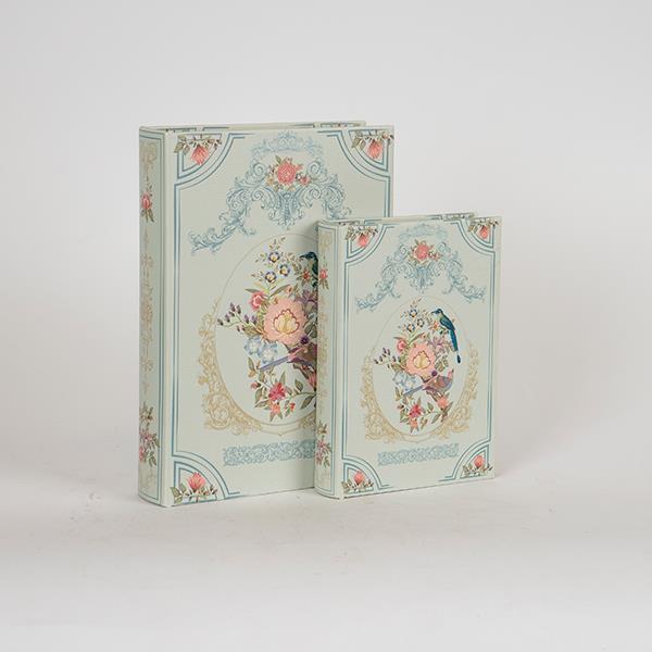 Set 2 scatole libro Uccellini e fiori azzurro in legno e finta pelle - 27x5x19 cm - Eurolamp
