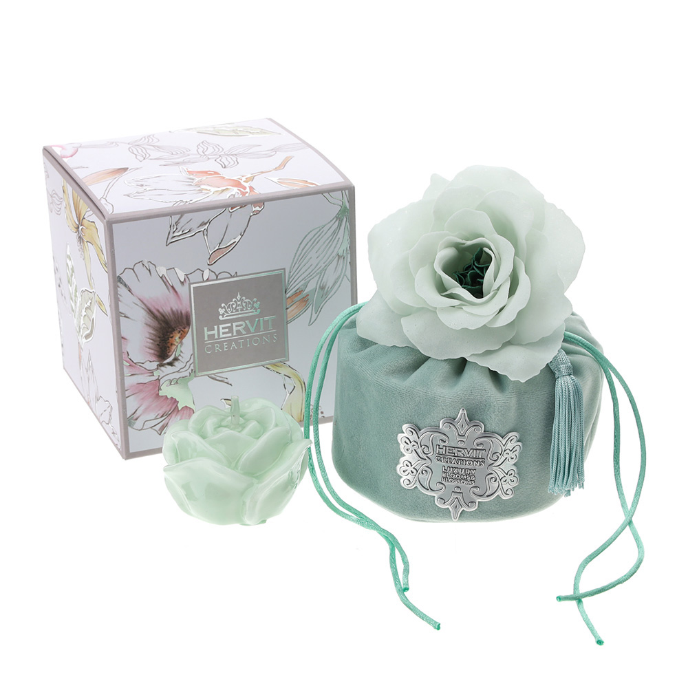 Secchiello in velluto con fiore a petali di sapone e candela verde - 10x10.5 cm - Hervit