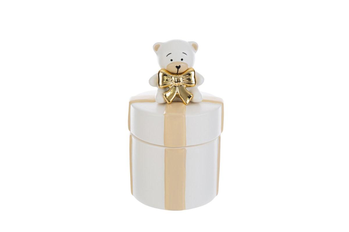 Scatola orsetto in porcellana con fiocco oro lucido - H.15x9 cm - Le Stelle