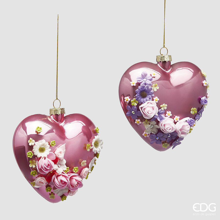 Cuore in vetro da appendere con fiori a rilievo - 2 varianti - 12 cm - EDG