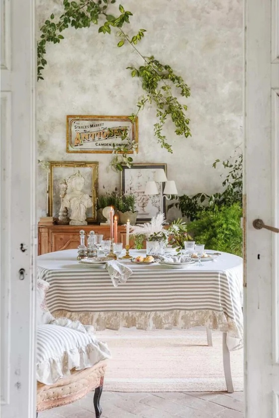 Tovaglia in cotone con gale beige a righe - 160x290 cm - Blanc Mariclo