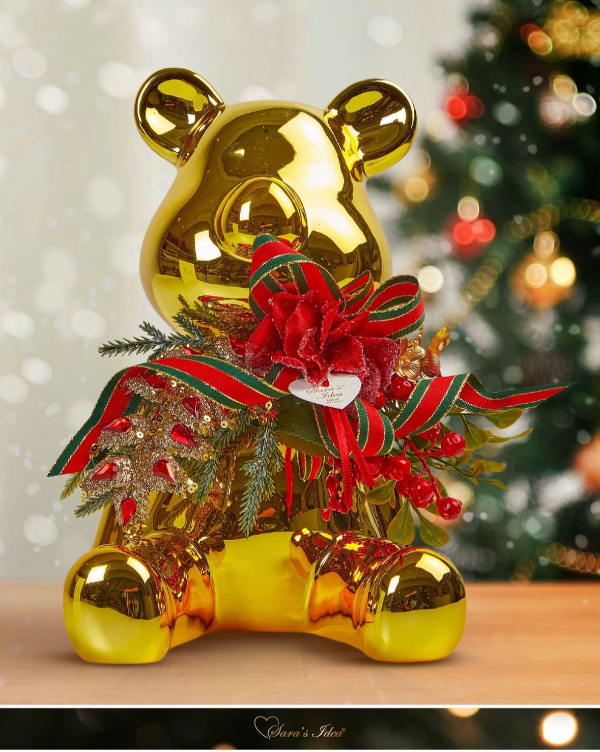 Orsetto in ceramica oro con applicazioni natalizie - Sara's Idea