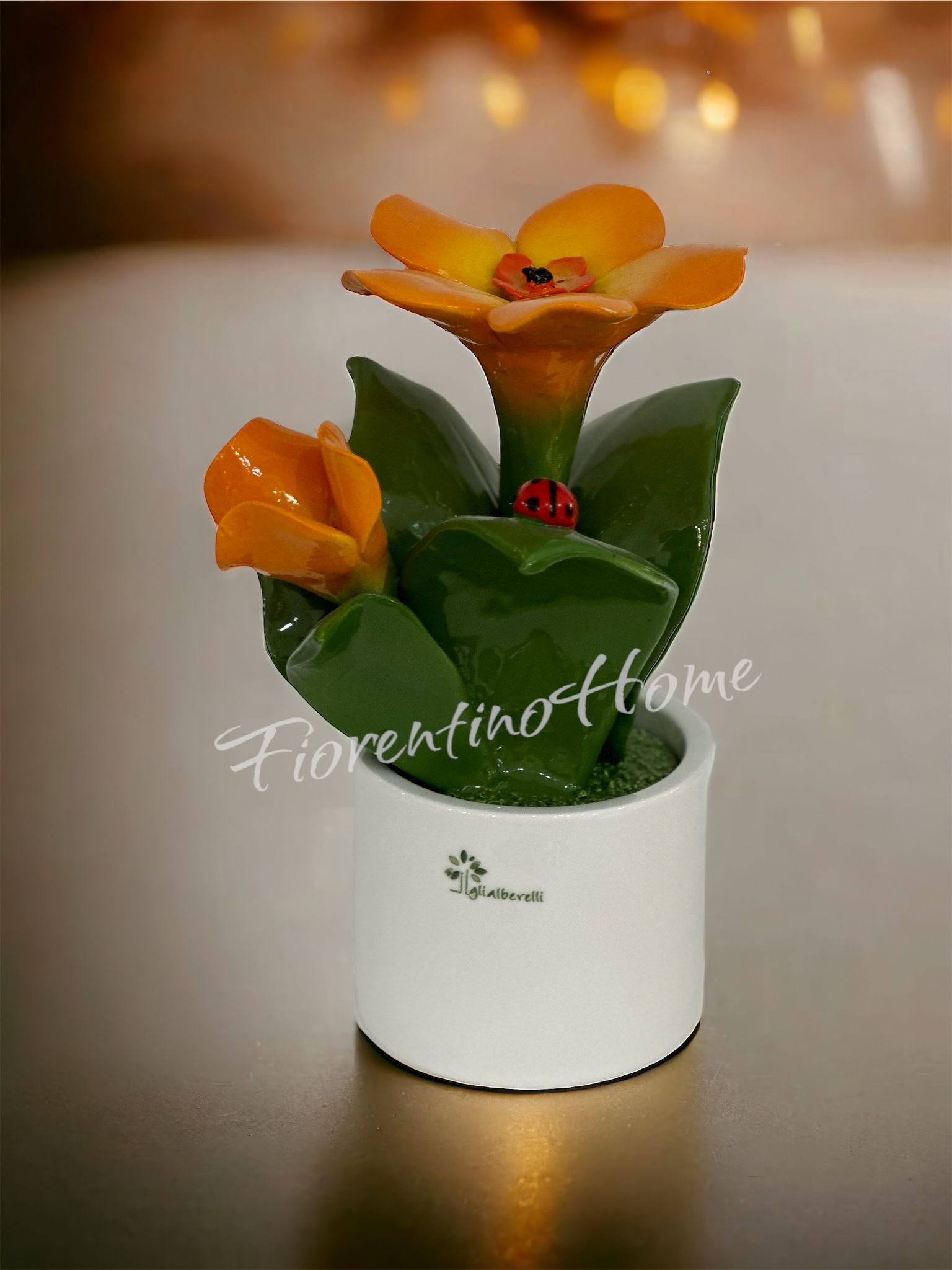 Piantina fiore arancione in ceramica di capodimonte - H. 20 cm - Gli Alberelli