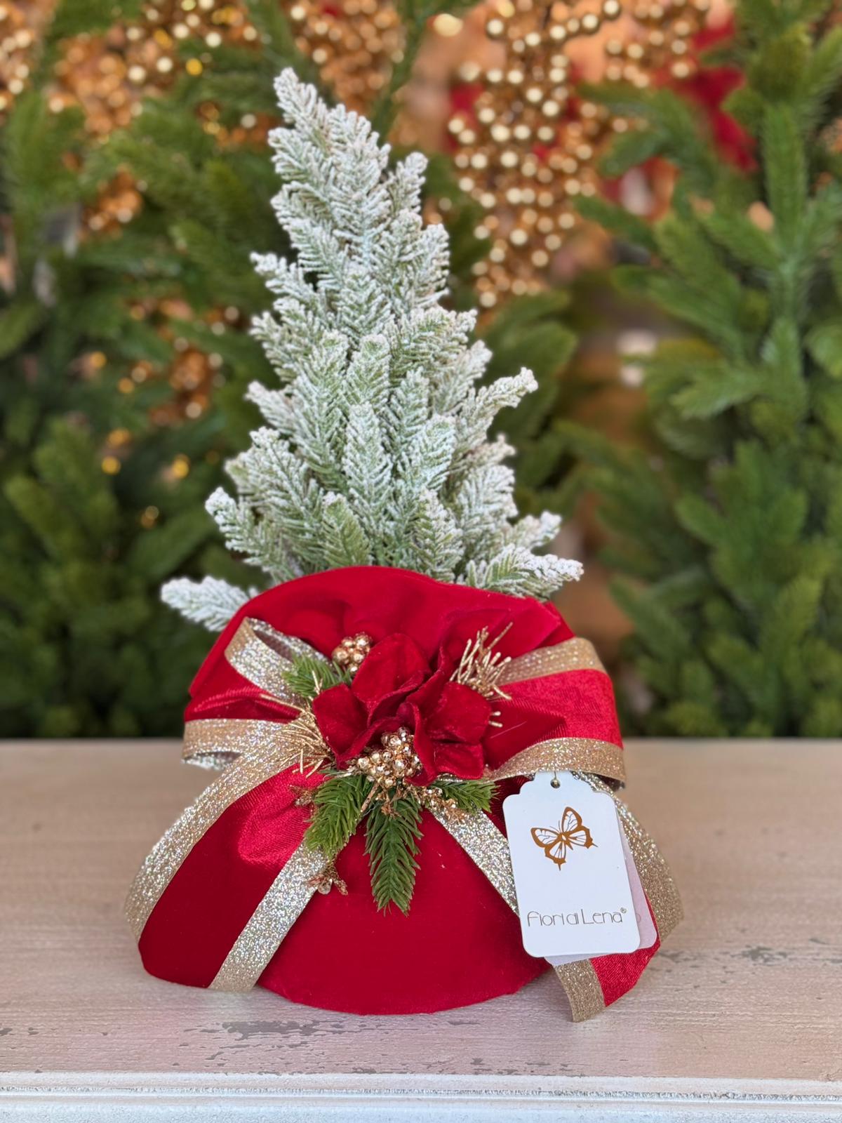 NATALE 2025 - Pouf in velluto rosso con alberello artificiale e applicazioni  -  H.36x15 cm - Fiori di Lena