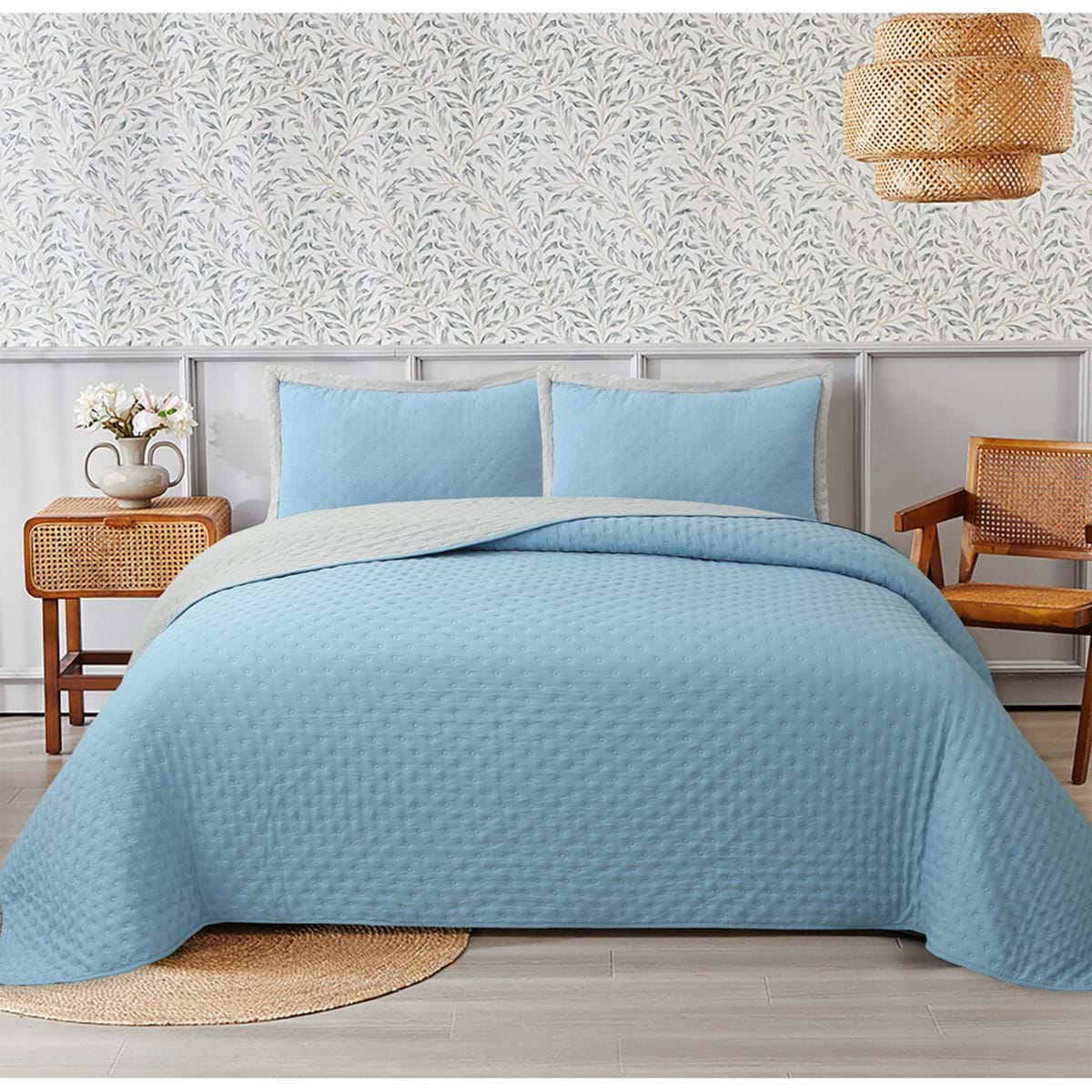 Trapuntino singolo bicolore azzurro/grigio con 2 copriguanciali