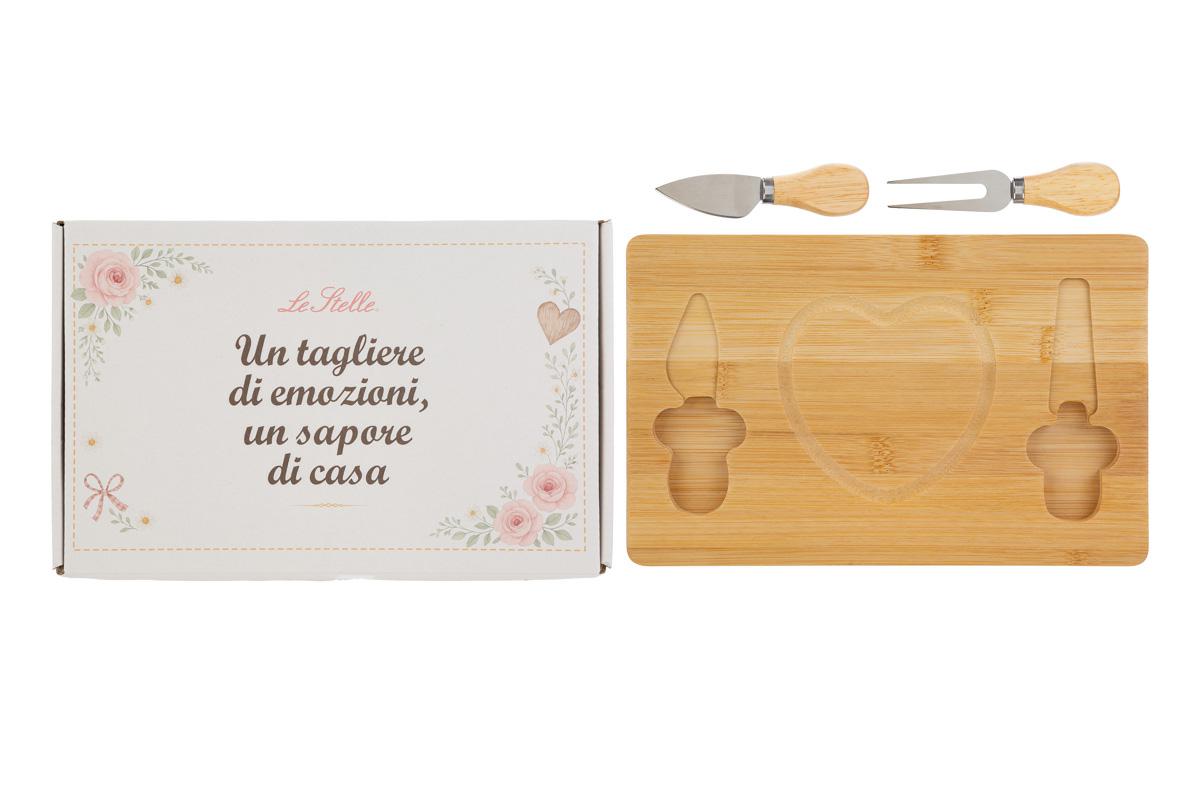 Set 3 pz tagliere legno con posate per formaggio c/box - 28x18 cm - Le Stelle