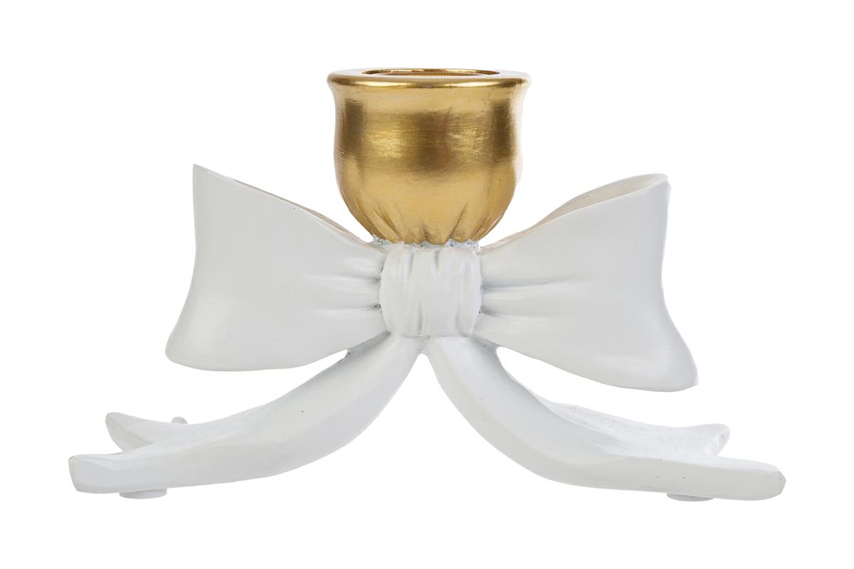 Portacandela dorato in resina con fiocco bianco - H.9x5.5x15 cm - Le Stelle