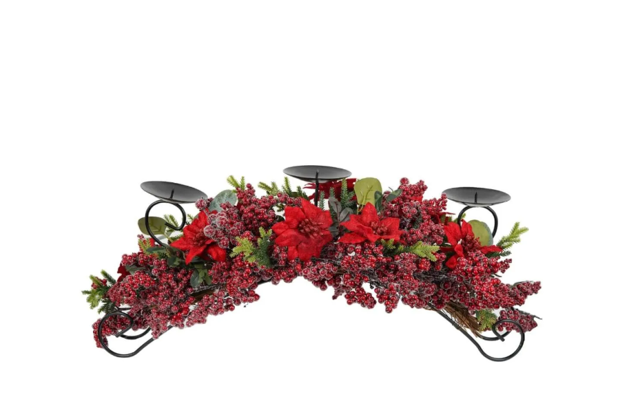 Candelabro con bacche, foglie e stella di natale - 76 cm - Stile'