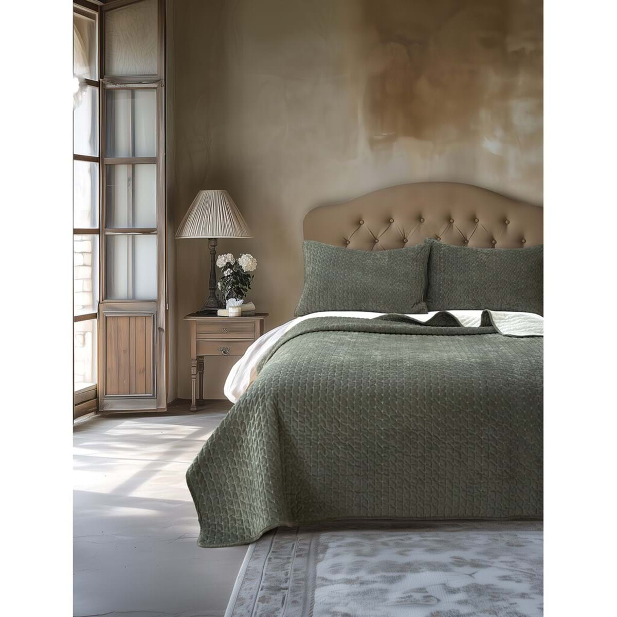 Trapunta matrimoniale in velluto verde 260x260 cm + 2 copriguanciali 50x80 cm - Collezione Notte di Velluto - Blanc Mariclo