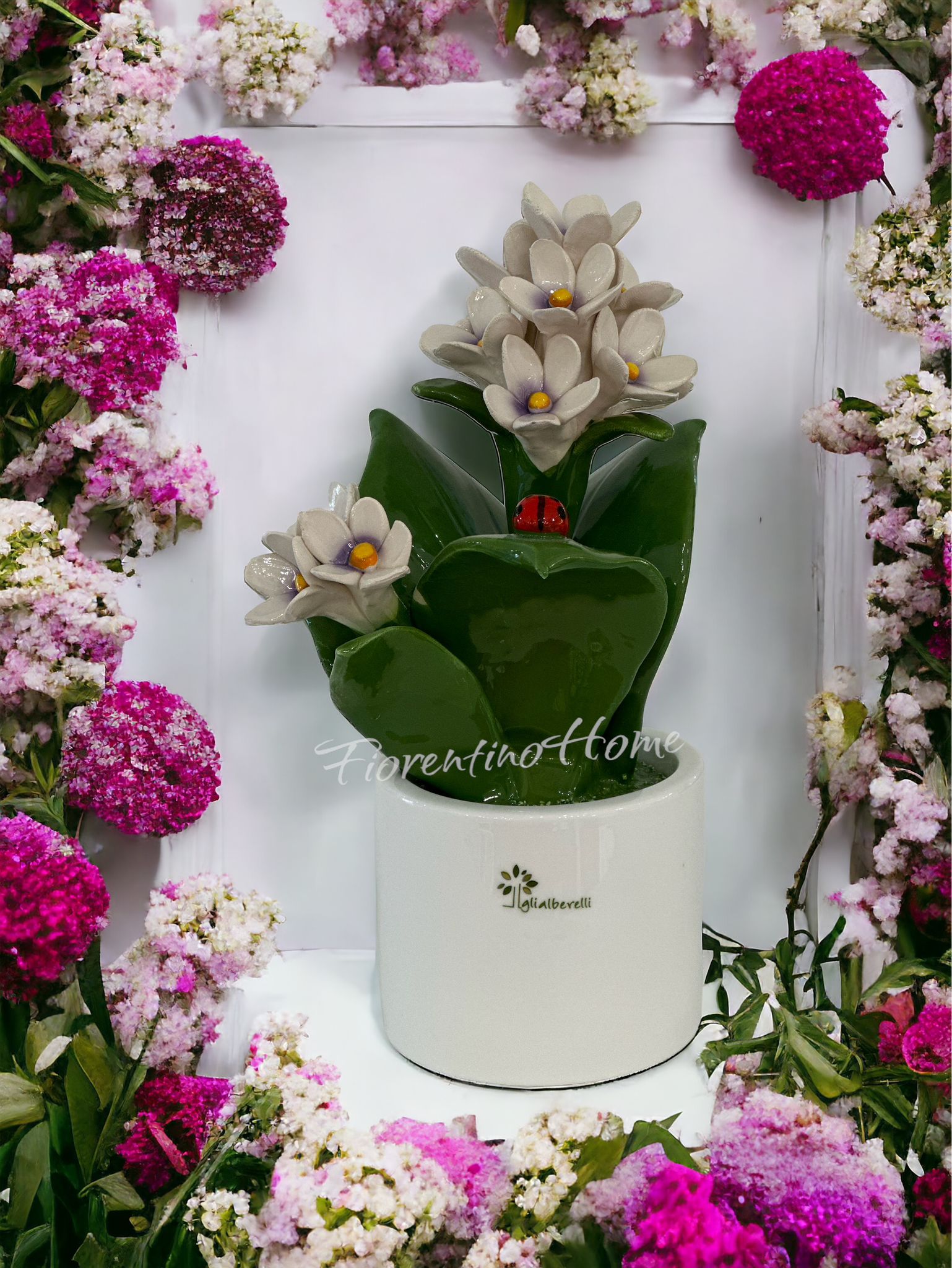 Piantina fiori lilla in ceramica di capodimonte - H.20 cm - Gli Alberelli