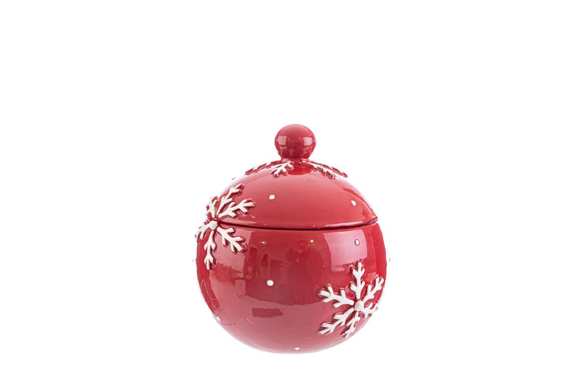 Biscottiera in ceramica rossa c/fiocco di neve - H.14x16 cm