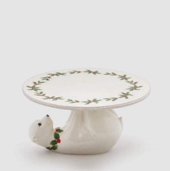 Alzata in ceramica con orso bianco e rifiniture natalizie - H.12xD24 cm - EDG