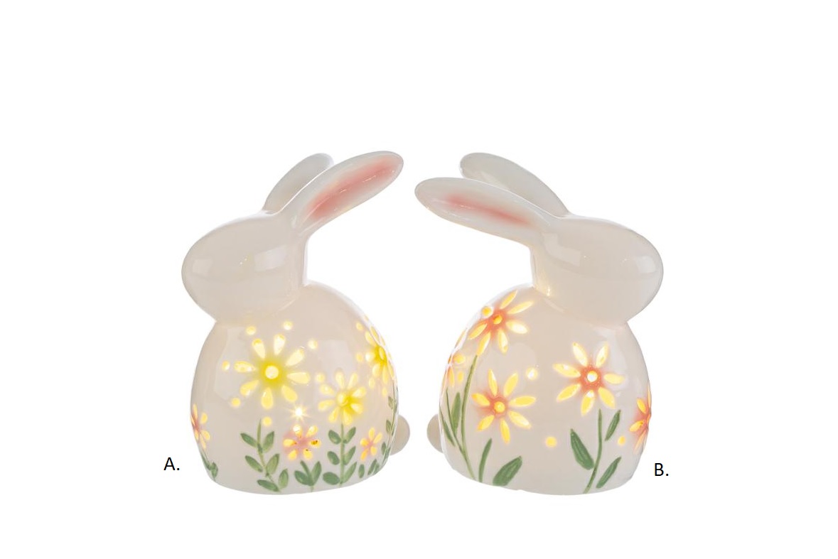 Coniglio in porcellana traforata c/luce led - 2 ass. - H.13x10 cm - Le Stelle
